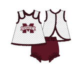 MOQ 5 pcs white polka dots sleeveless M tunic brown bummies baby girls team set