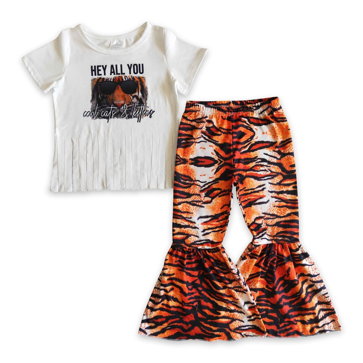 White tiger tassels top bell bottom pants girls clothing