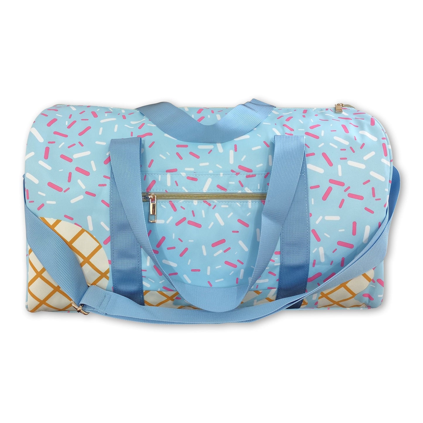 Light blue straps sprinkle duffel bag