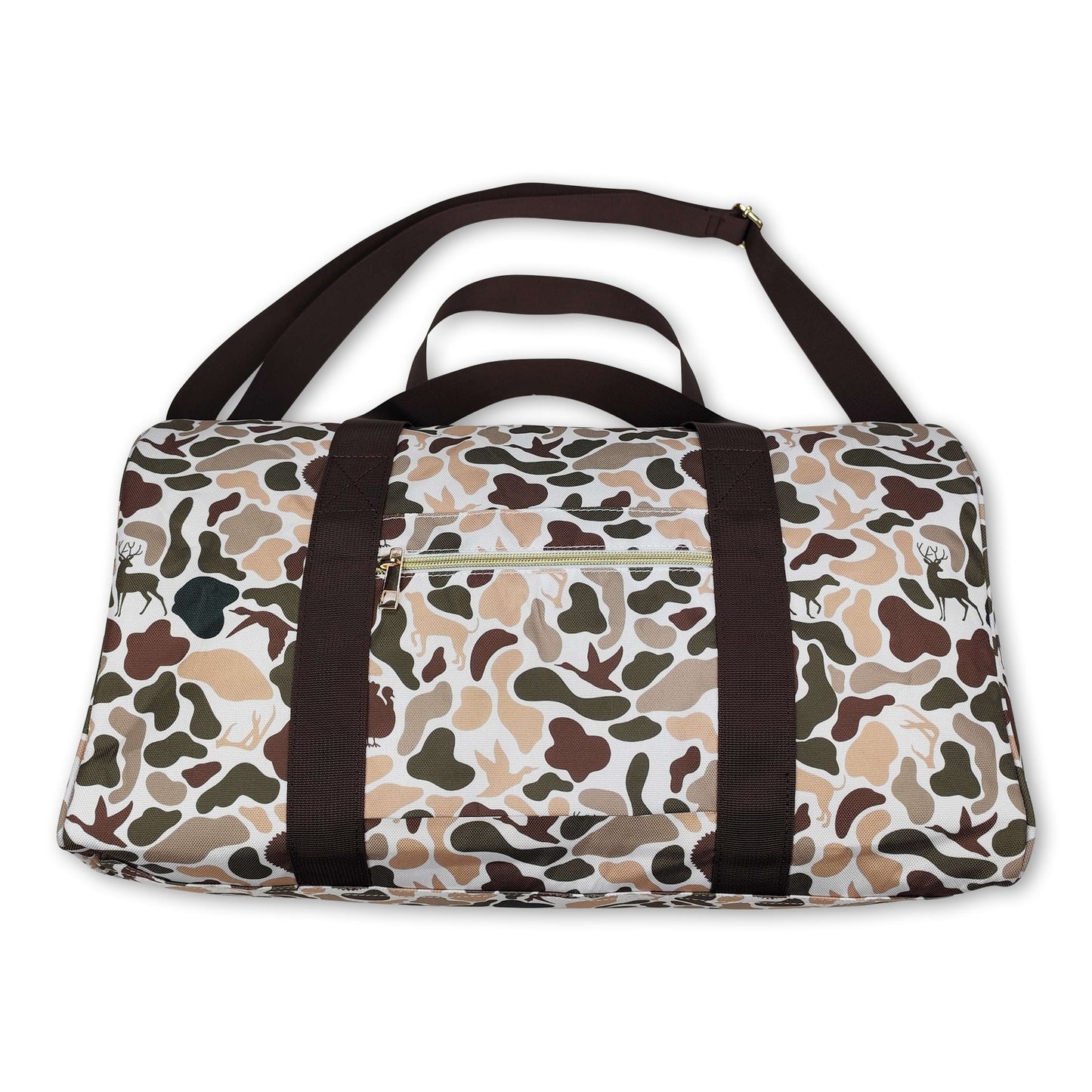 Brown duck dog deer turkey camo hunting duffel bag