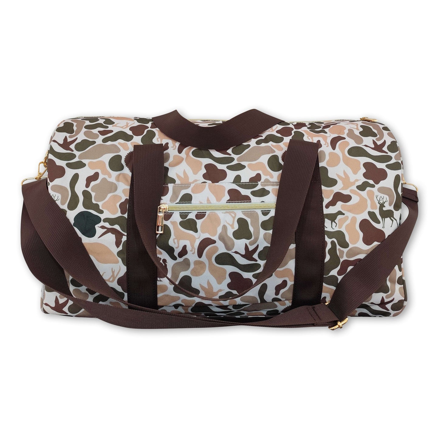 Brown duck dog deer turkey camo hunting duffel bag