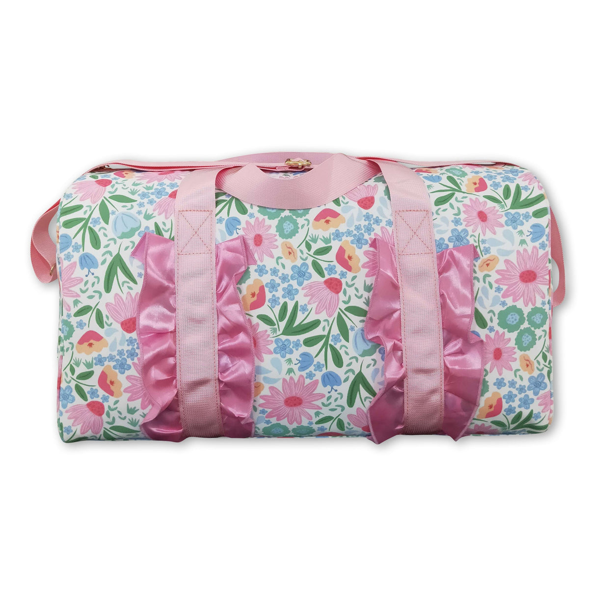 Pink ruffle band floral adult women duffel bag