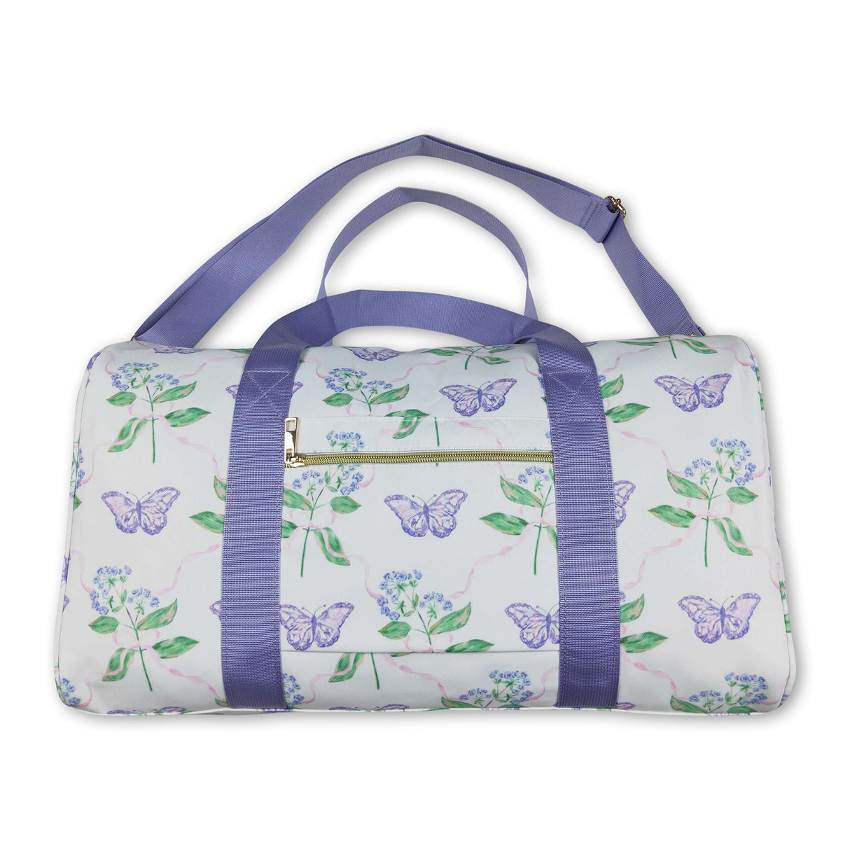 Lavender ruffle band floral butterfly women duffel bag