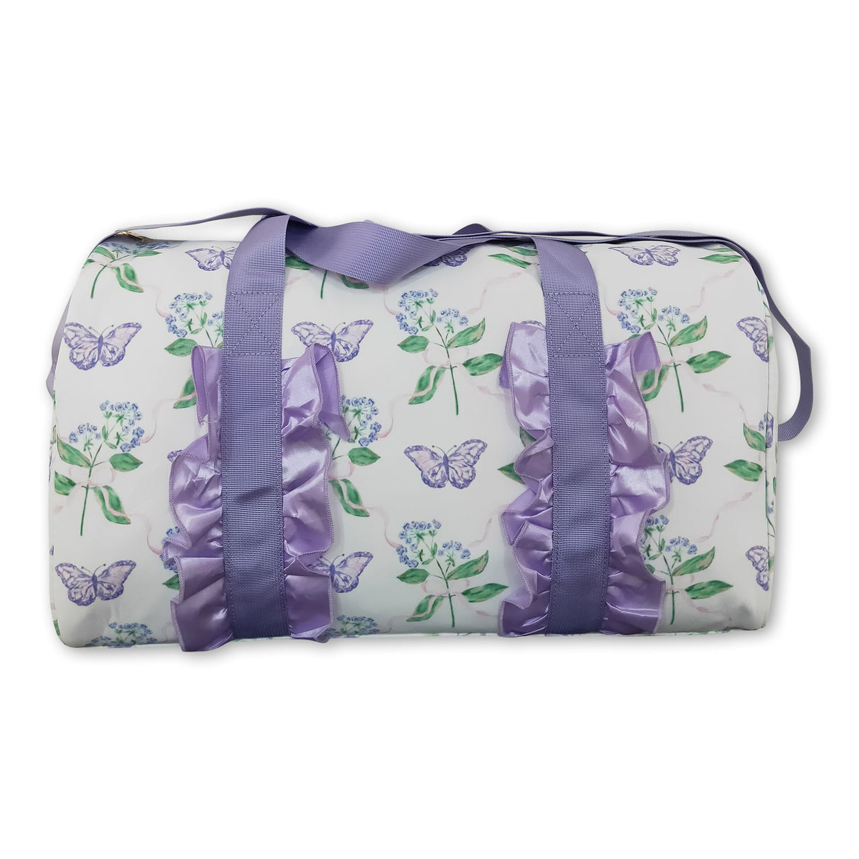 Lavender ruffle band floral butterfly women duffel bag