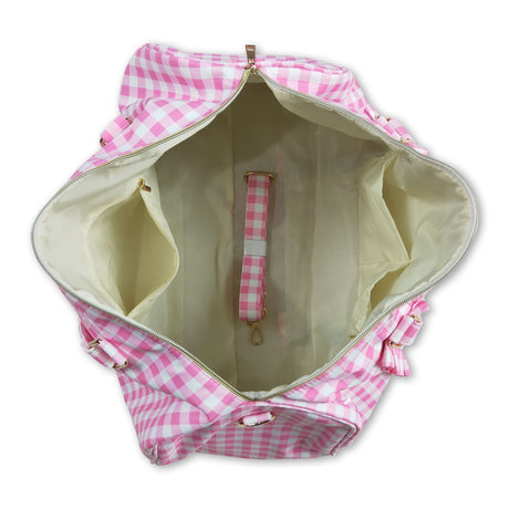Pink plaid ruffle women duffel bag