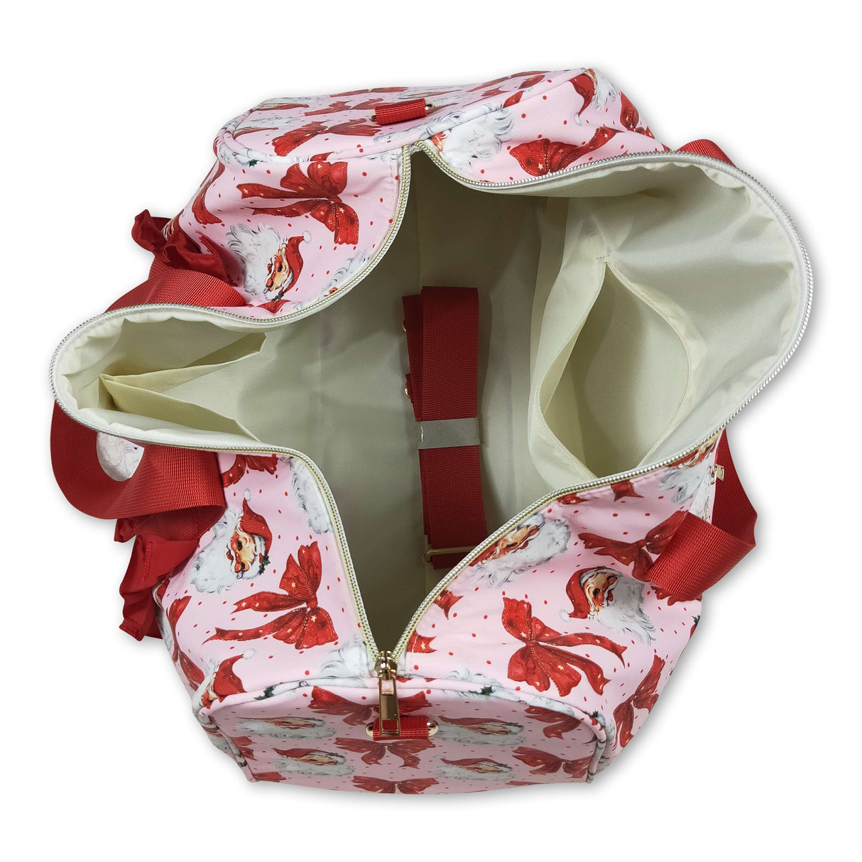 Red ruffle santa polka dots Christmas duffel bag