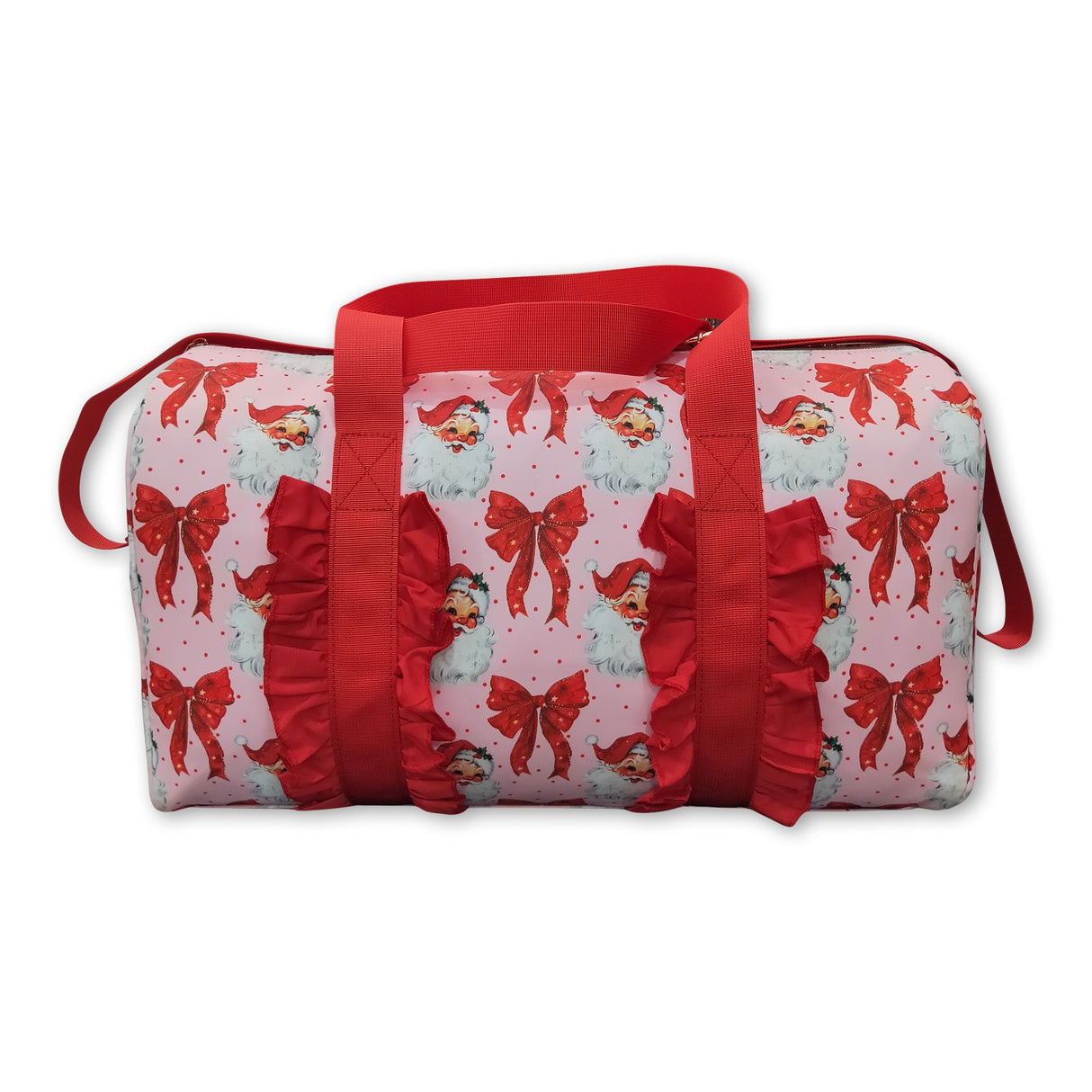 Red ruffle santa polka dots Christmas duffel bag