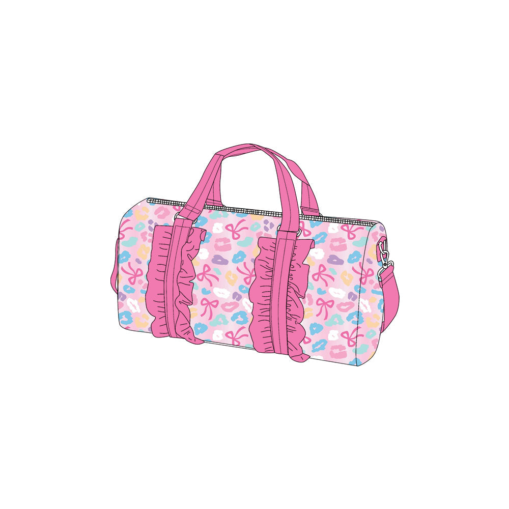 Pink ruffle leopard bow duffel bag