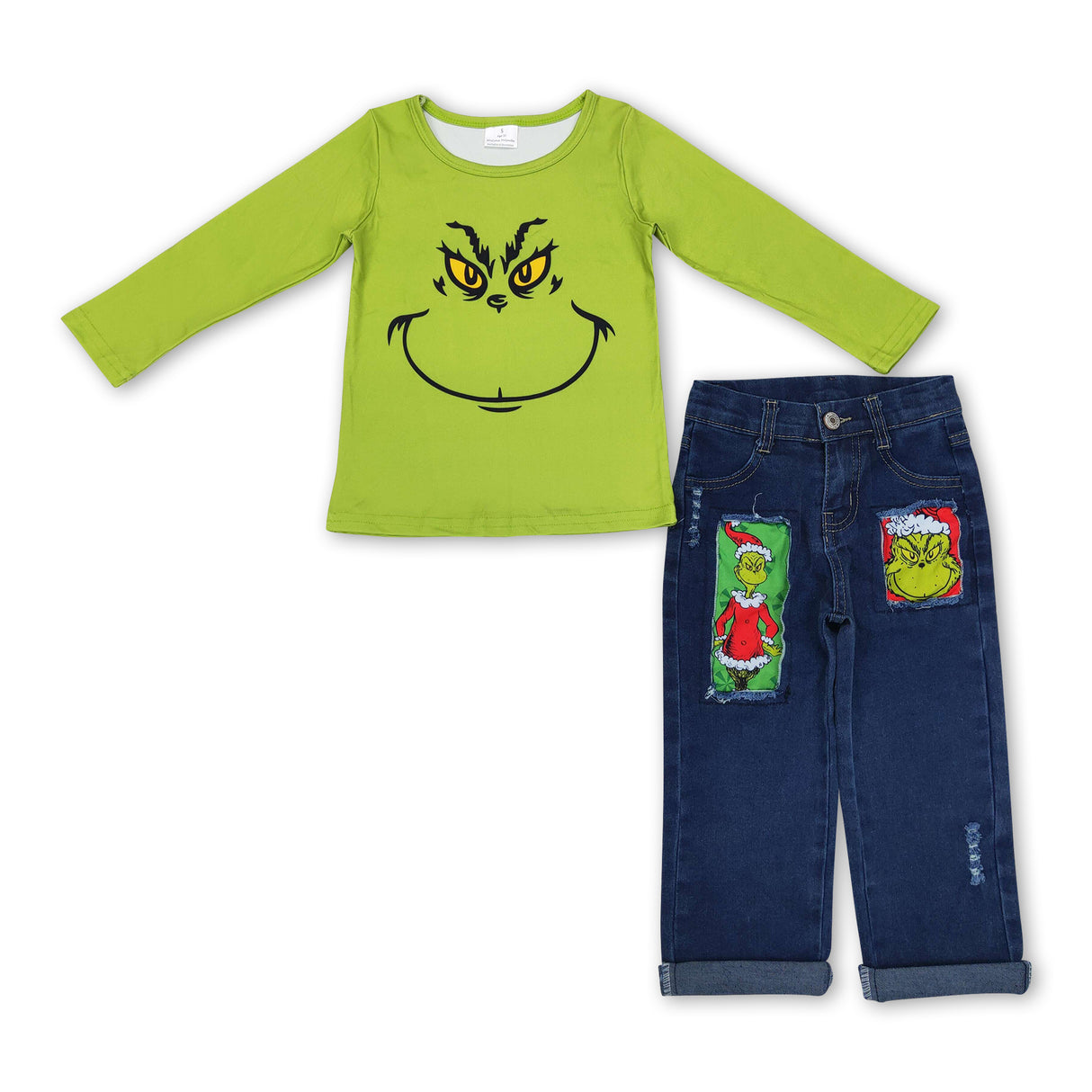 Green face long sleeves top jeans kids boy Christmas outfits