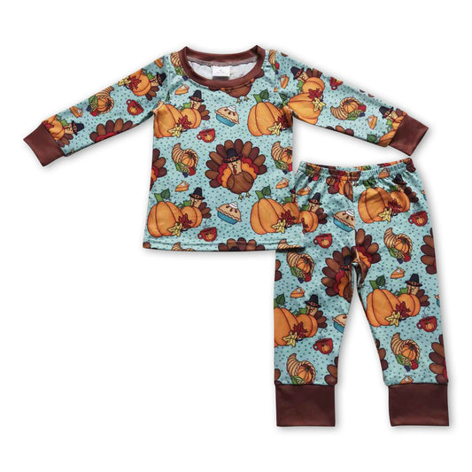 Turkey pumpkin long sleeves kids boy Thanksgiving pajamas