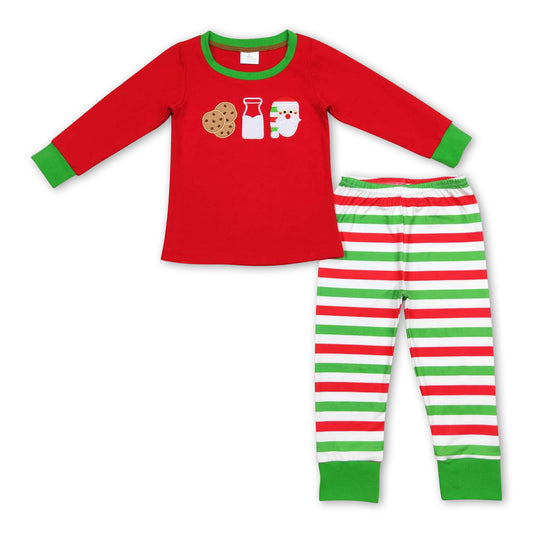 Cookie milk santa red top stripe pants boy Christmas pajamas