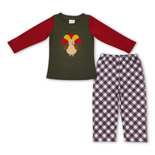 Long sleeves turkey top plaid pants boy Thanksgiving outfits