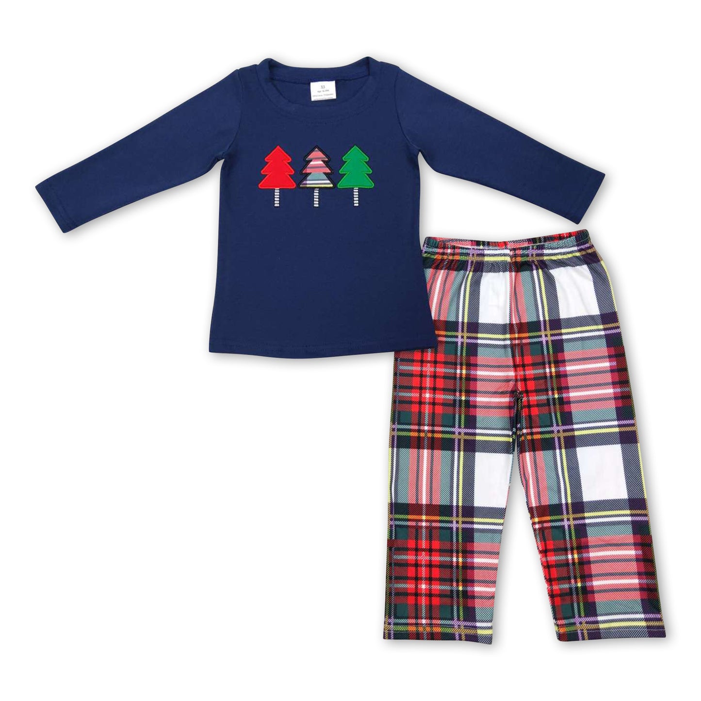 Navy Christmas tree top plaid pants boy clothing set