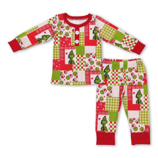 Green face plaid patchwork kids boy Christmas pajamas