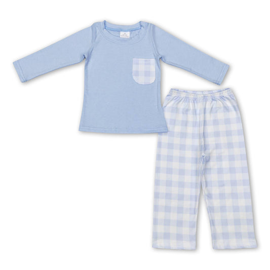 Light blue pocket top plaid pants boy clothing set