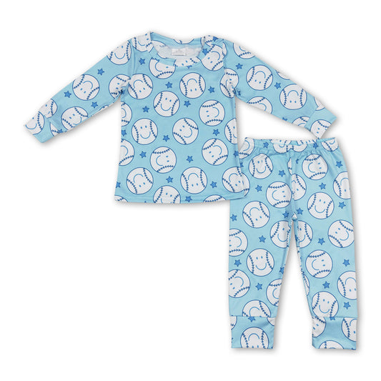 Blue star baseball long sleeves kids boy pajamas