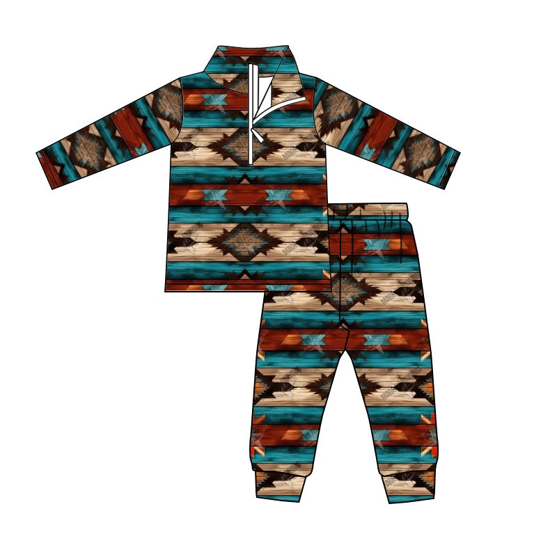 Blue aztec zipper pullover pants western kids clothes