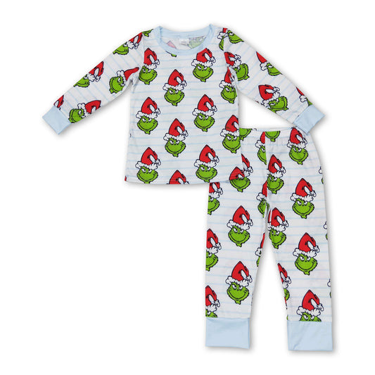 Long sleeves stripe green face boys Christmas pajamas