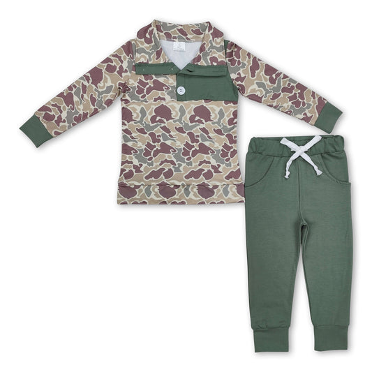 Long sleeves green camo kids boys hunting pullover set