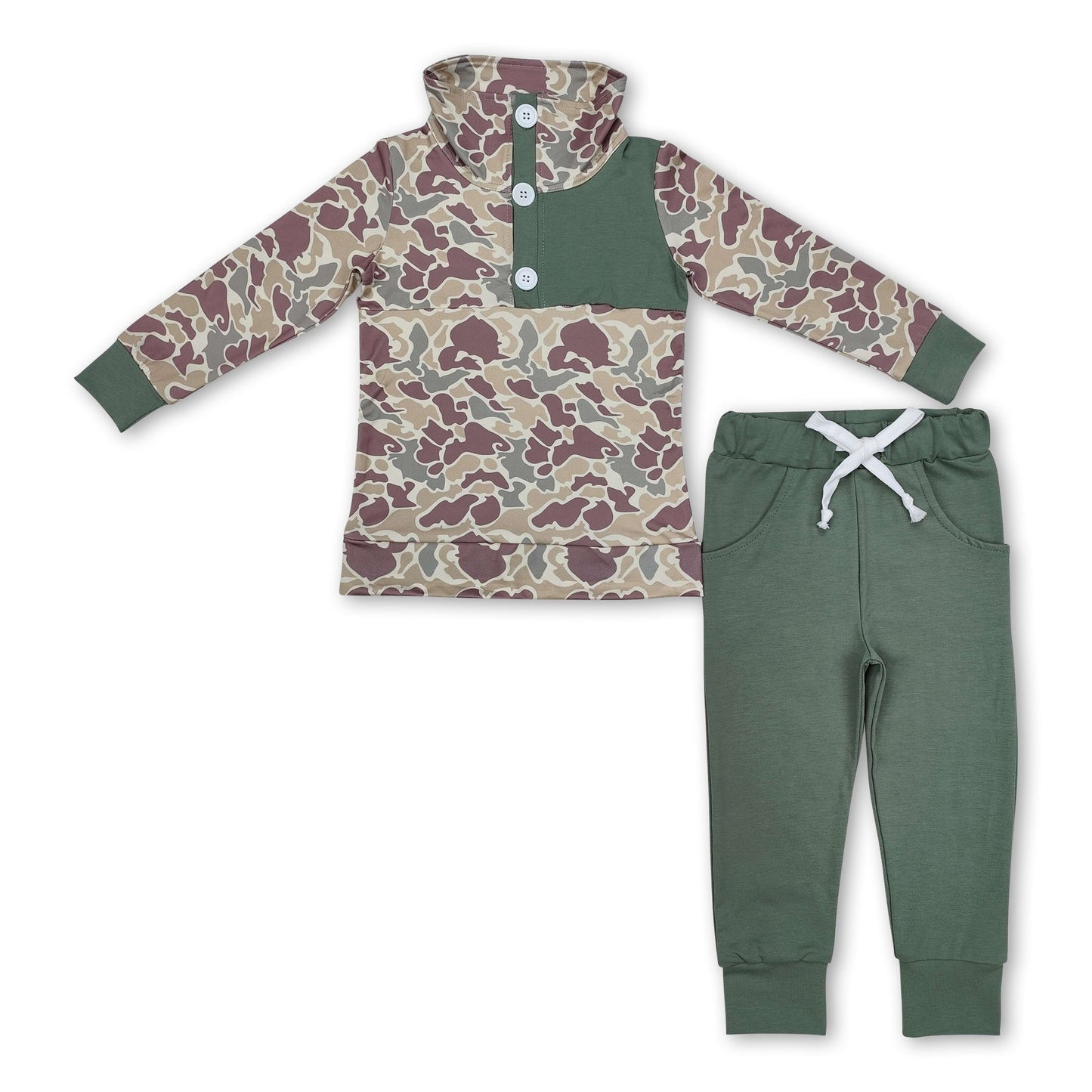 Long sleeves green camo kids boys hunting pullover set