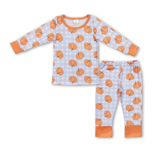 Blue plaid long sleeves pumpkin kids boys bamboo fall pajamas