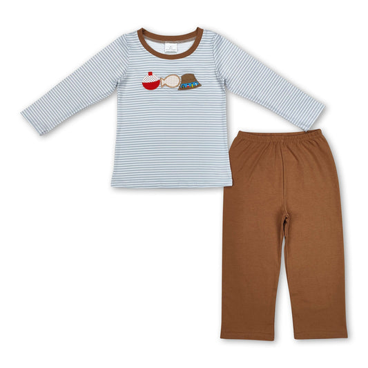 Stripe fishing top khaki pants boys clothing set