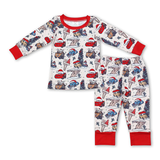 Red long sleeves cars Christmas tree kids boys pajamas