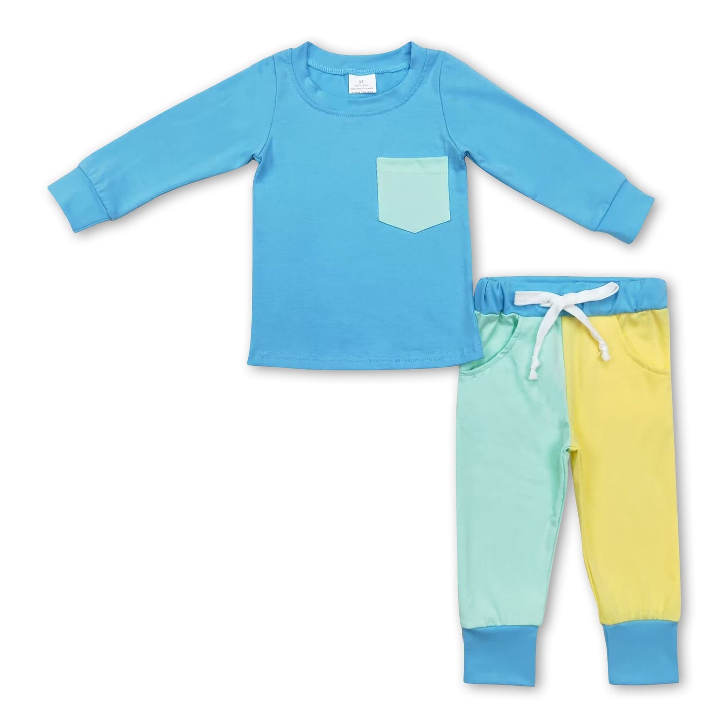 Pocket long sleeves top solid pants boys clothing set