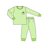 Long sleeves green face plaid kids boys Christmas pajamas
