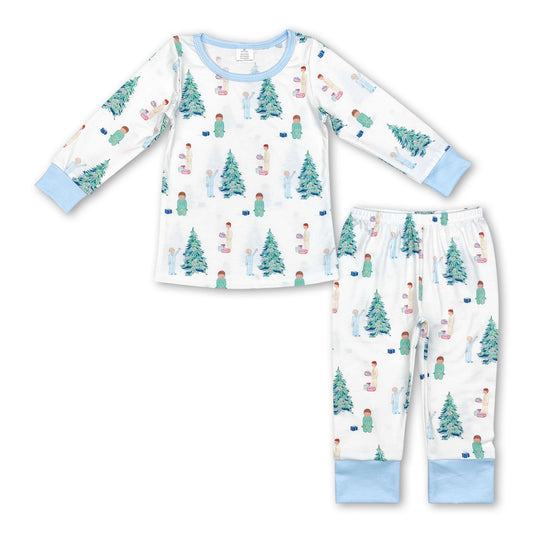 Light blue Christmas tree kids boys bamboo pajamas