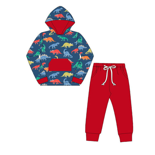 Dinosaur pocket hoodie red pants kids boys clothing