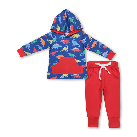 Dinosaur pocket hoodie red pants kids boys clothing