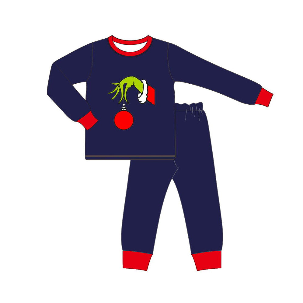 Navy long sleeves green face kids boys Christmas pajamas