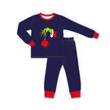 Navy long sleeves green face kids boys Christmas pajamas