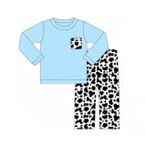 Light blue cow pocket top pants boys clothing set
