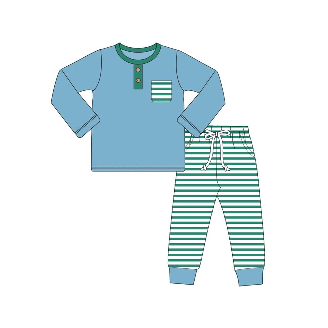 Stripe pocket light blue cotton top pants boys pajamas