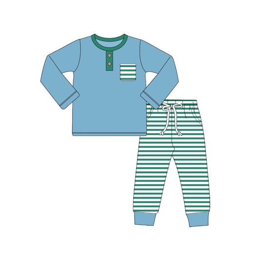 Stripe pocket light blue cotton top pants boys pajamas