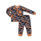 Orange pocket long sleeves dinosaur camo kids boys pajamas