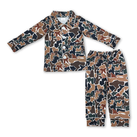 Brown camo long sleeves children button down pajamas