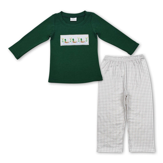 Green duck long sleeves top plaid pants boys clothes