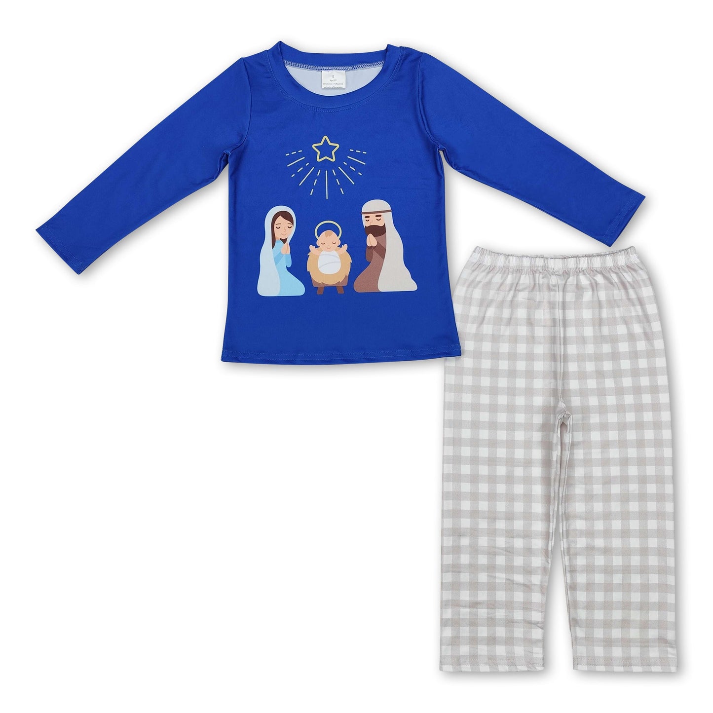 Blue long sleeves nativity top plaid pants boys Christmas set