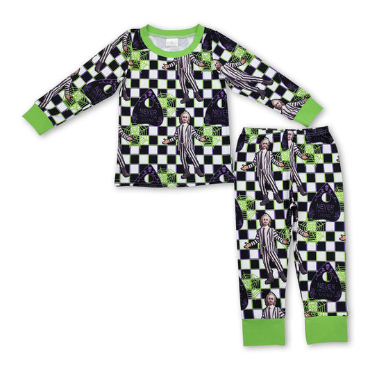 Green black plaid kids girls Halloween pajamas