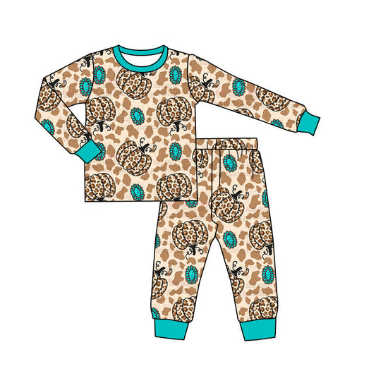 Turquoise cow leopard pumpkin western kids fall pajamas