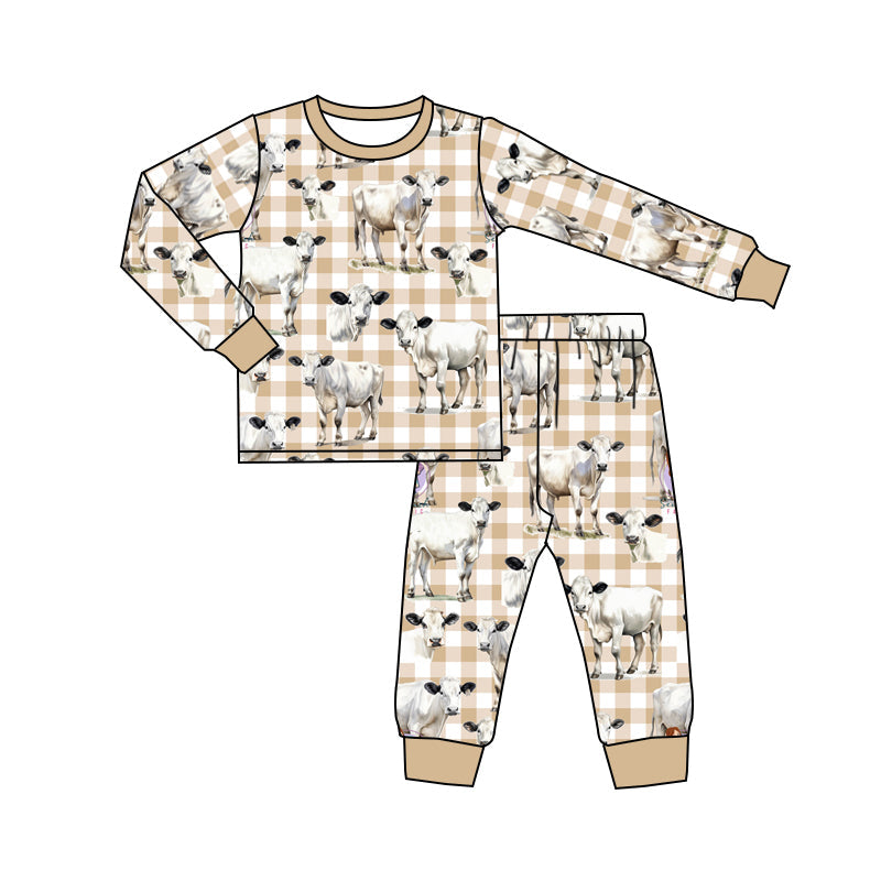 Khaki plaid cows long sleeves kids boys pajamas