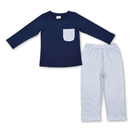 Navy stripe pocket top pants kids boys clothing set