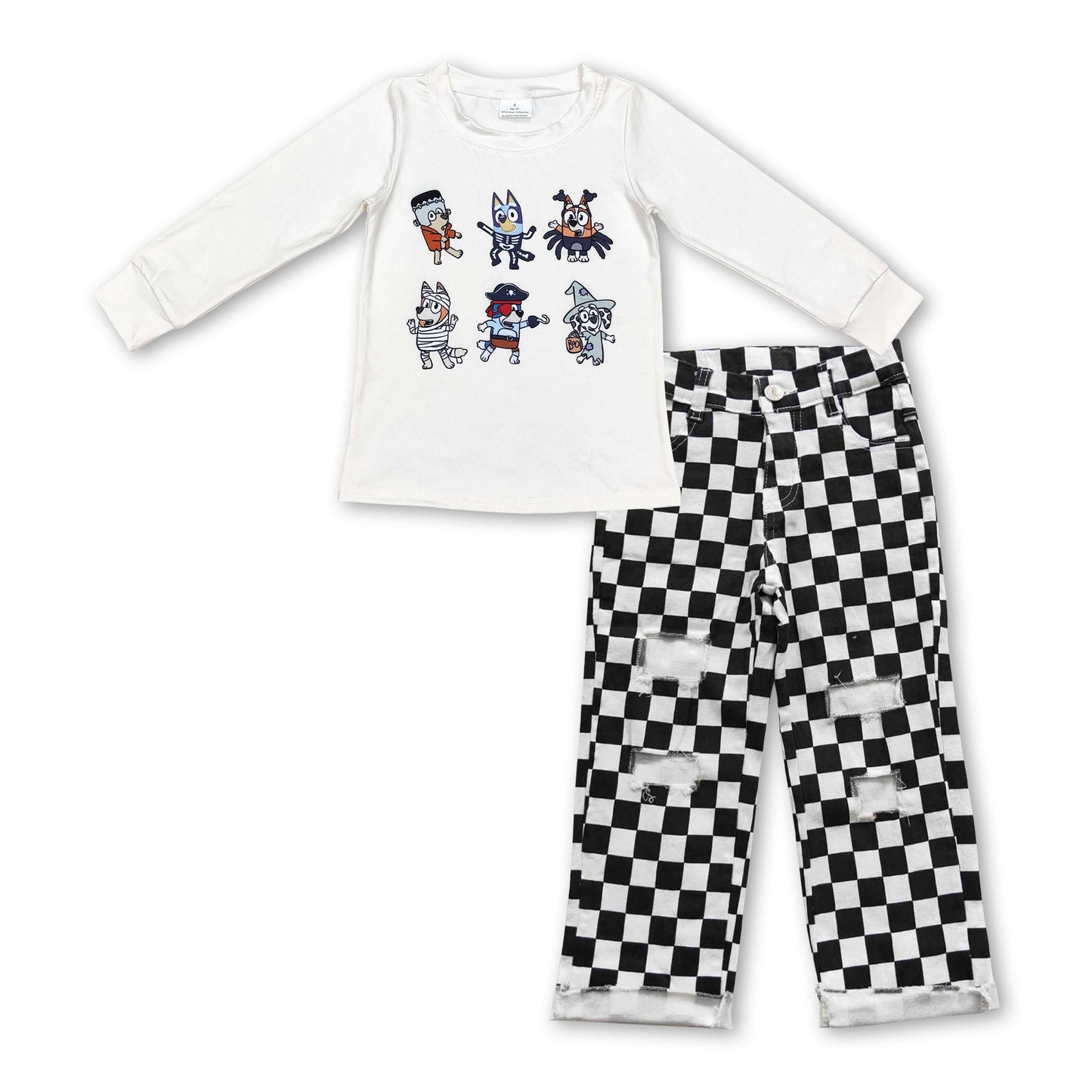 White dog top black plaid hole jeans boys Halloween clothes