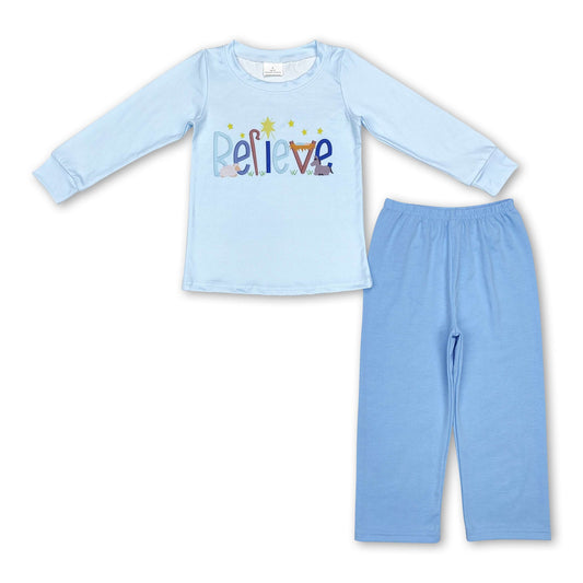 Light blue believe top pants boys Christmas outfits