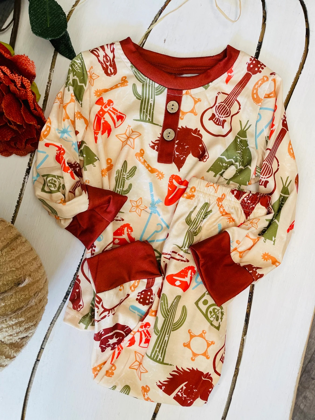 Guitar cactus horse rodeo baby kids western pajamas
