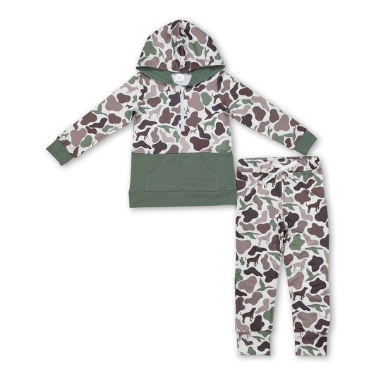 Dog duck camo pocket zip hoodie pants kids boys clothing set