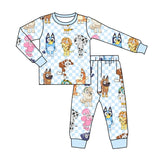 Long sleeves light blue plaid dog kids boys pajamas